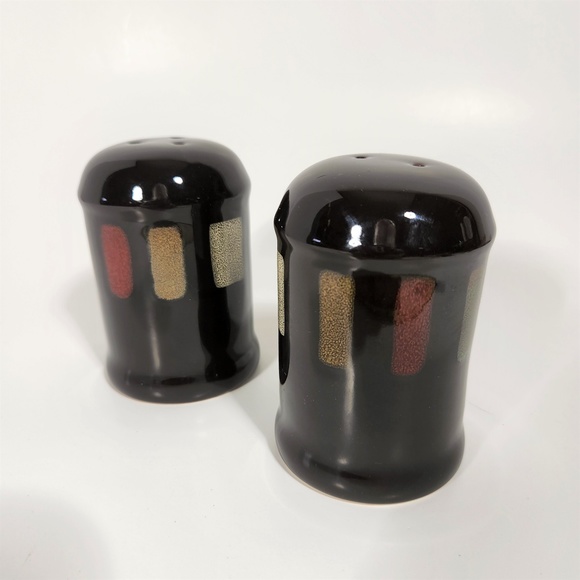 Pair Pfaltzgraff Salt & Pepper Shakers Glossy Black Southwest Color Block - Picture 1 of 6
